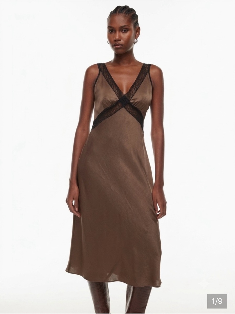 Brown Lace-Trim satin Dress from